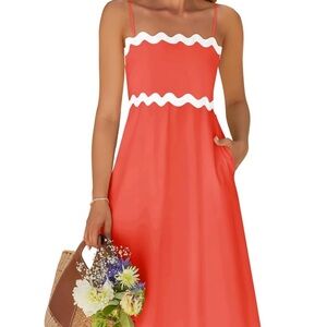 ZESICA Chic Coral and White Midi Dress